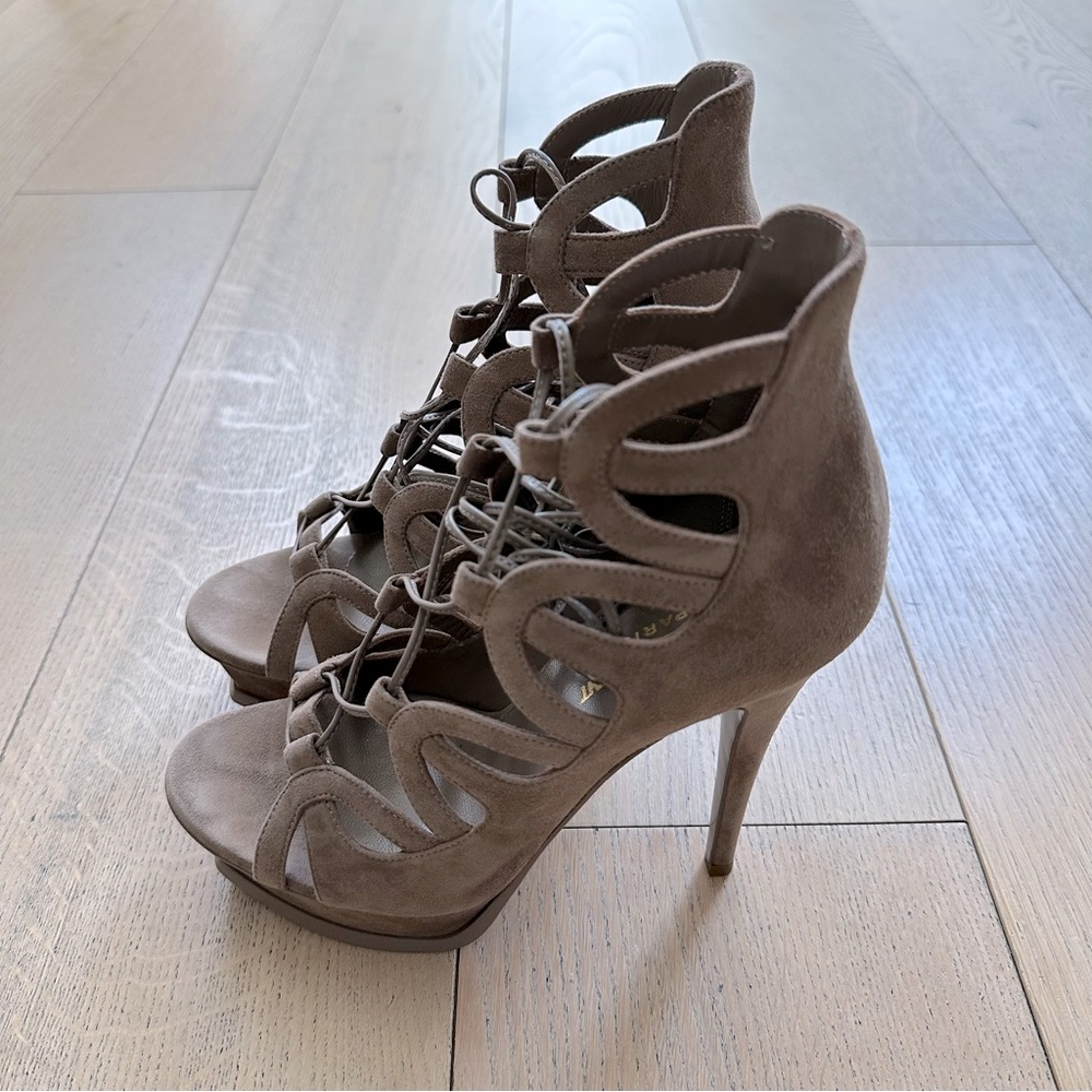๐ Saint Laurent Taupe Suede Tribute Ankle Wrap Lace Up Platform Stiletto - Picture 2 of 16
